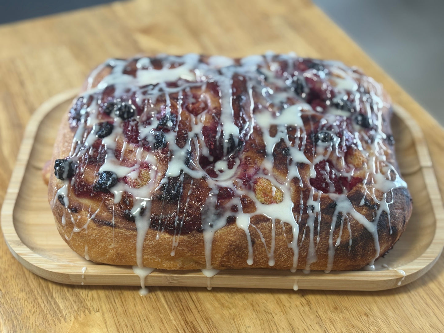 Sourdough Focaccia with Berry compote and Vanilla Glaze