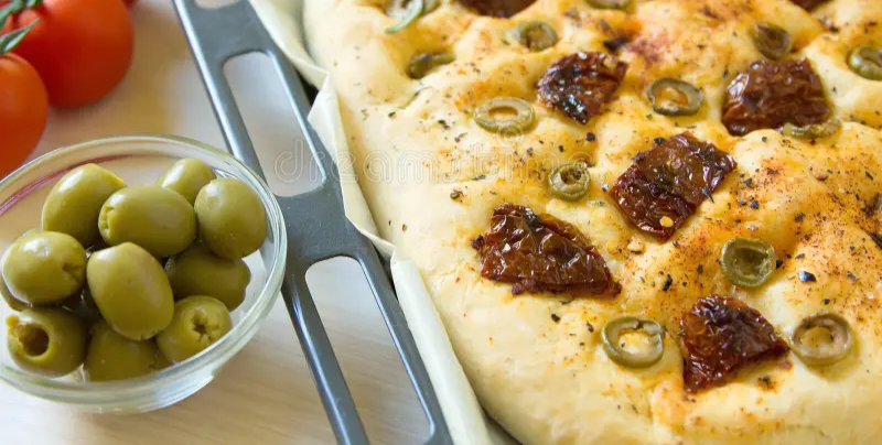Green olive, Kalamata olive and Sundried Tomatoe Focaccia
