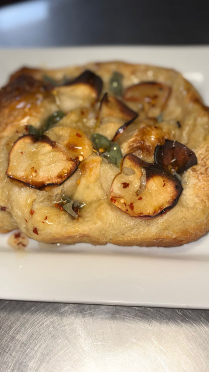 Apple, Sage and Spicy Honey topped with Chili Honey Sourdough Focaccia
