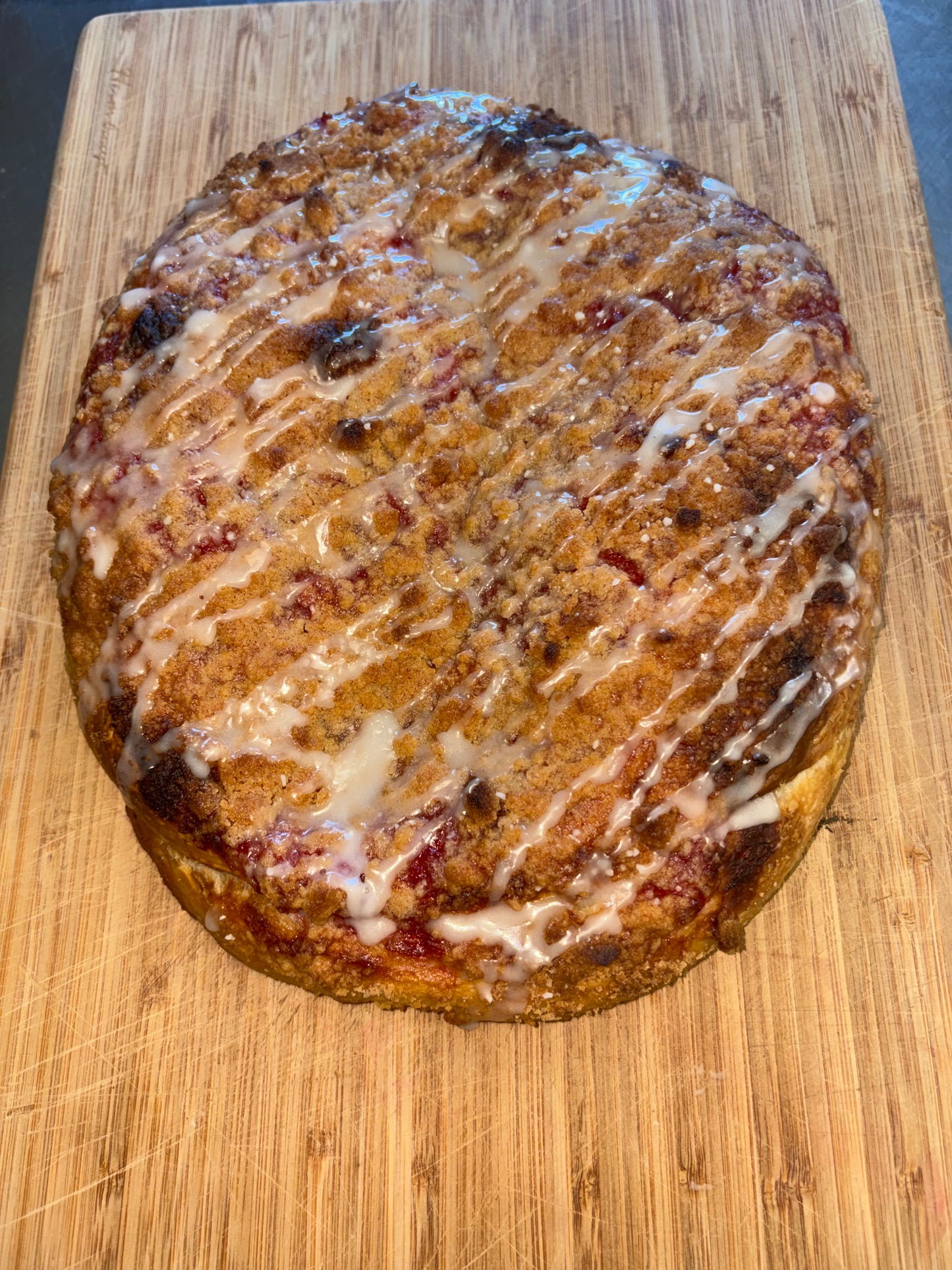 Sourdough Rhubarb & Strawberry Focaccia with Streusel and Vanilla Glaze