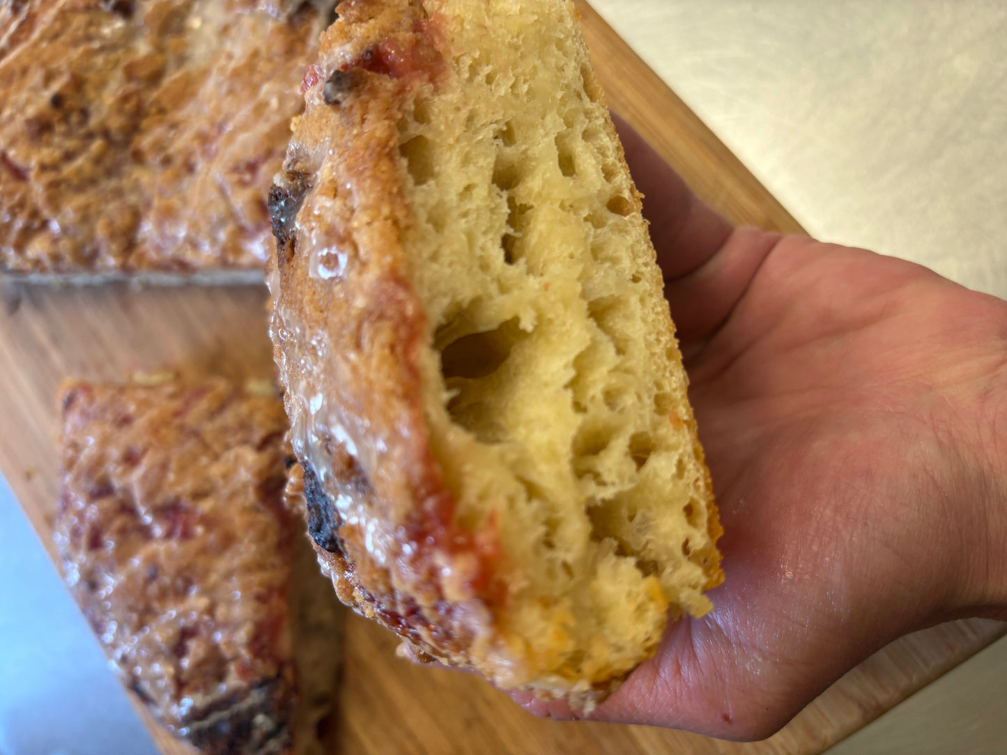 Sourdough Rhubarb & Strawberry Focaccia with Streusel and Vanilla Glaze