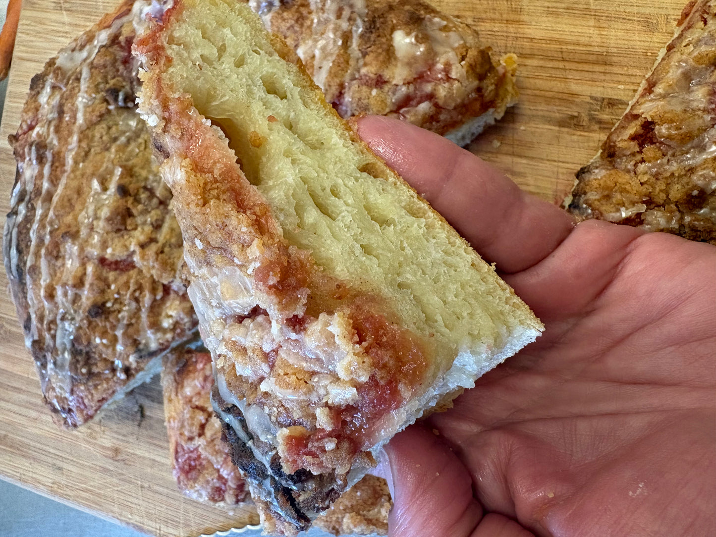 Sourdough Rhubarb & Strawberry Focaccia with Streusel and Vanilla Glaze