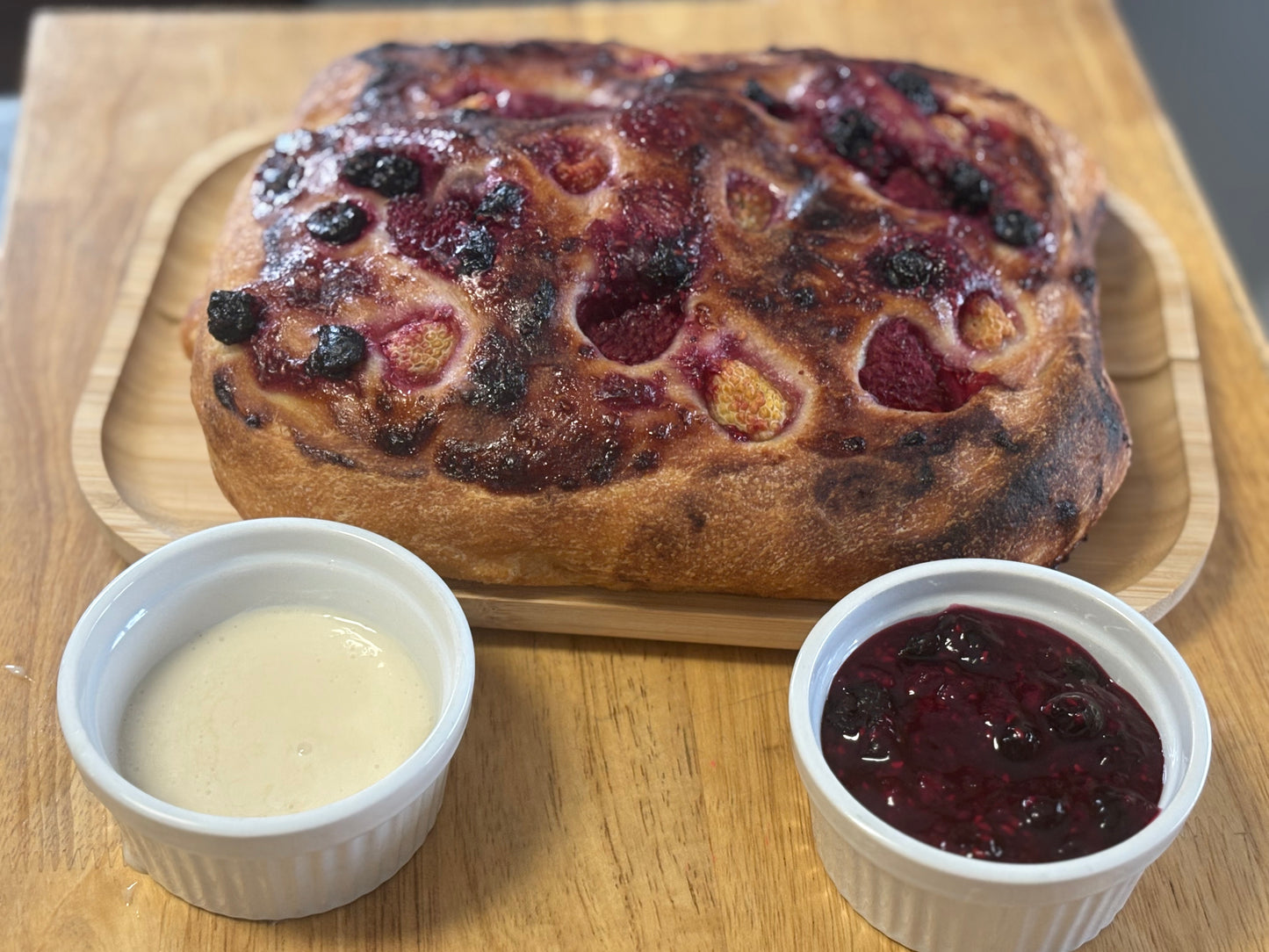 Sourdough Focaccia with Berry compote and Vanilla Glaze