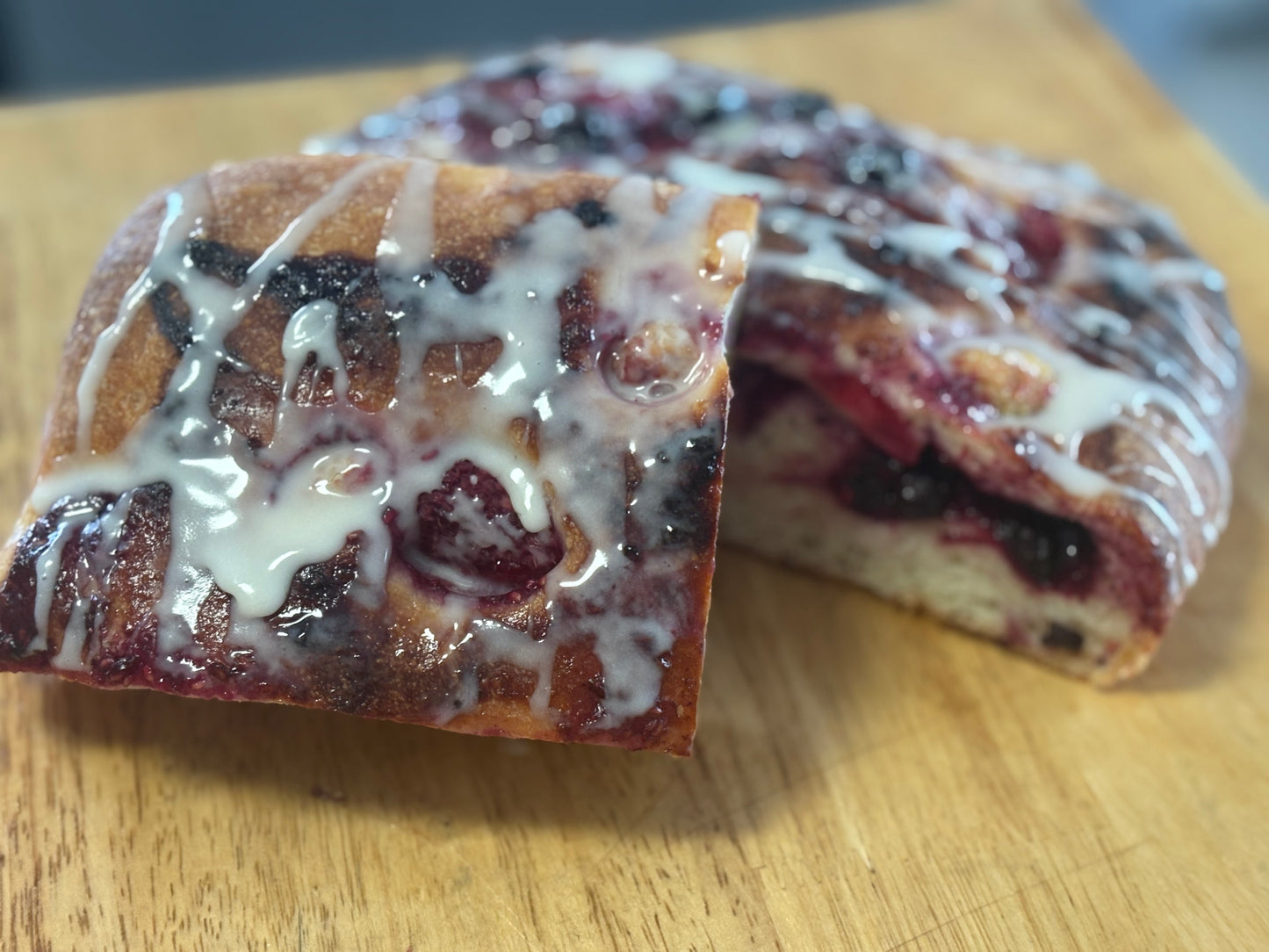 Sourdough Focaccia with Berry compote and Vanilla Glaze